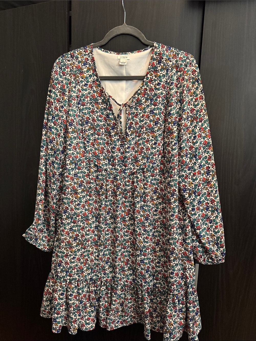J. Crew Floral Long Sleeve Dress in White with Red, Blue, and Green Floral Print